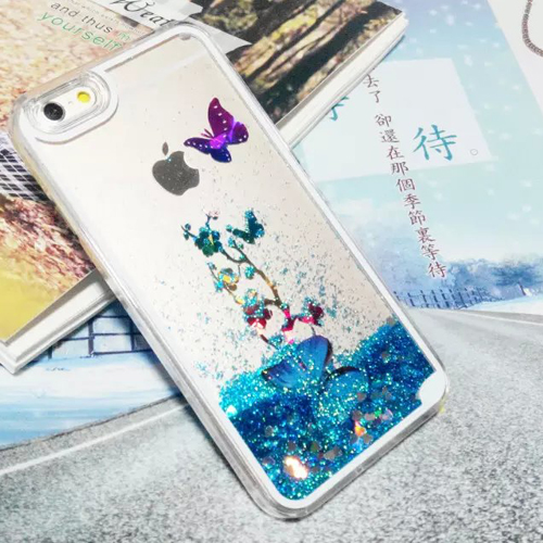 新款韩国流行流沙液体手机壳苹果5 iphone6/6S蝴蝶闪粉创意保护套