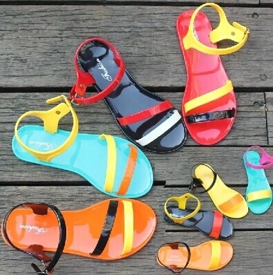夏季新品果冻鞋平跟一字凉鞋撞色平底凉鞋塑料鞋女式沙滩鞋凉鞋