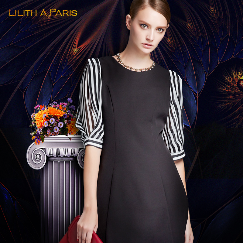 莉莉的2015新款秋装欧洲站女装时尚拼接条纹小圆领收腰雪纺连衣裙