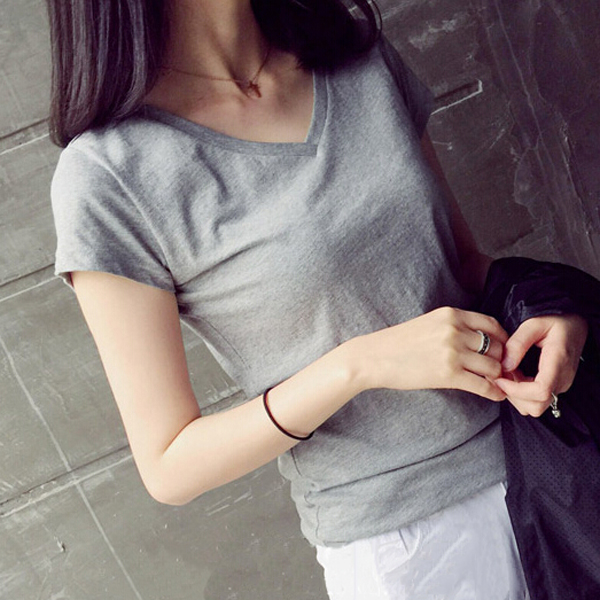 韩版2015夏季基础款新款V领纯棉百搭学院风纯色修身显瘦短袖T恤女