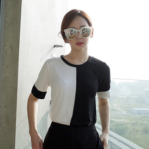 韩国代购 官网正品 丝质 黑白撞色 小清新 女 夏 短袖 T恤