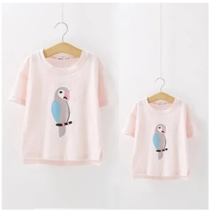 小时候童品2015女童夏装新款鹦鹉印花竹节棉短袖T恤 亲子装