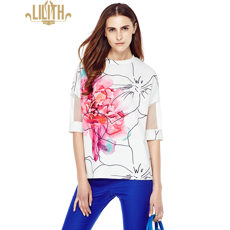 莉莉的2015新款夏装欧洲站女装5分半袖圆领针织印花打底上衣t恤