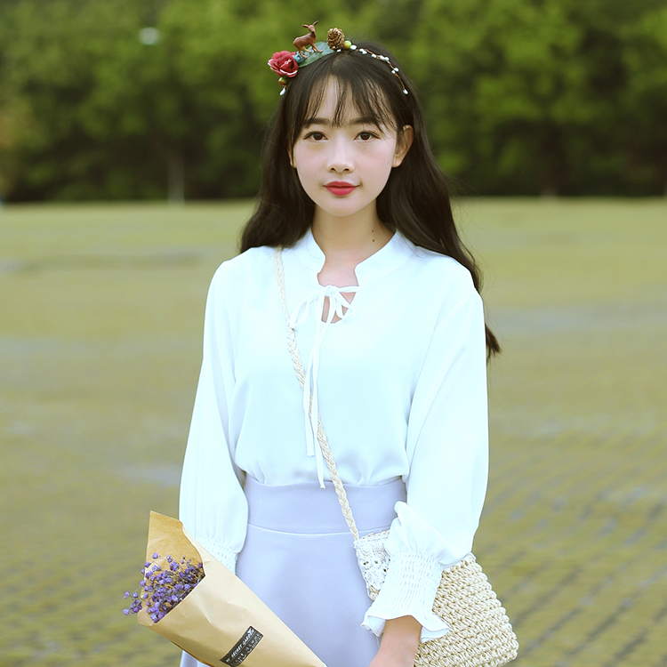 2016夏季新款韩版宽松雪纺上衣纯色显瘦休闲荷叶领绑带衬衫女