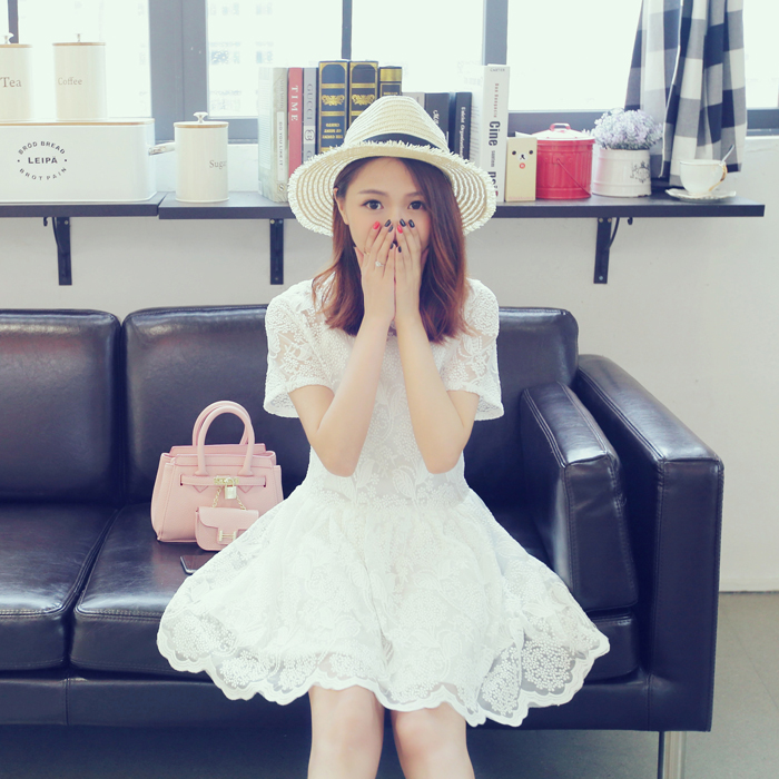 2015新款夏季韩版女装公主裙修身显瘦淑女蕾丝欧根纱短裙连衣裙白