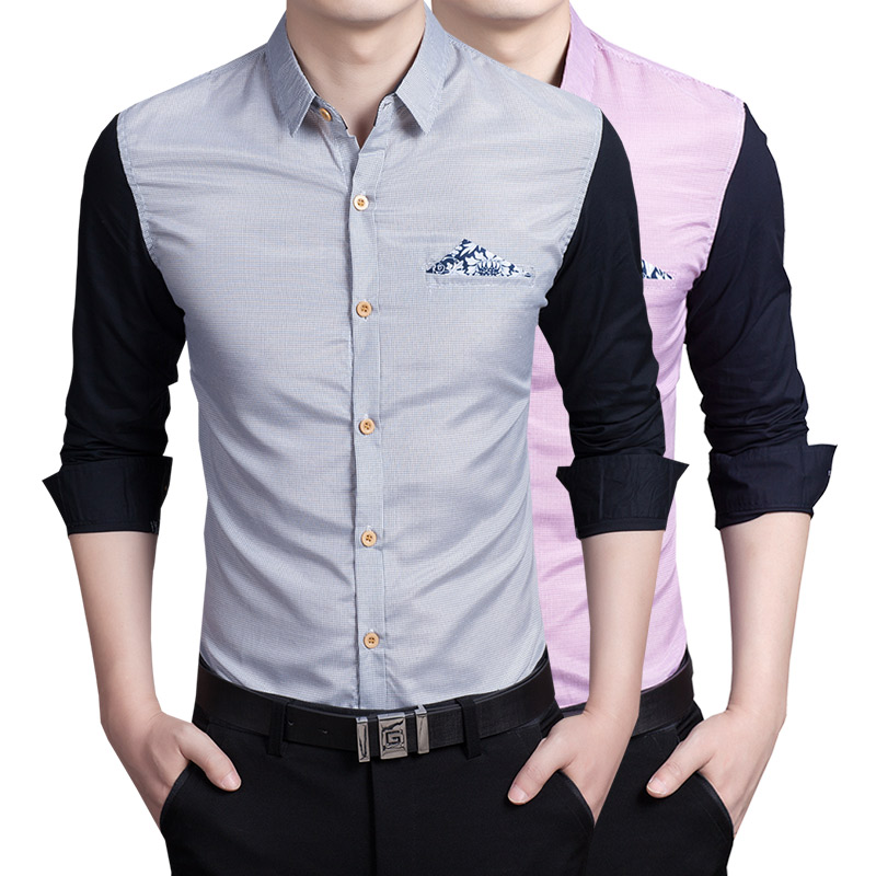 2015秋季新款男装 韩版青少年格子修身衬衫男士拼接薄款衬衣潮男