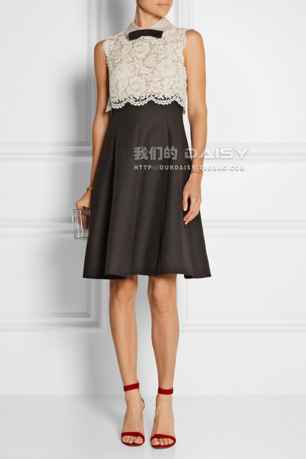 2015新款 V家白色蕾丝拼接黑色连衣裙 私人定制款 黑色领结装饰