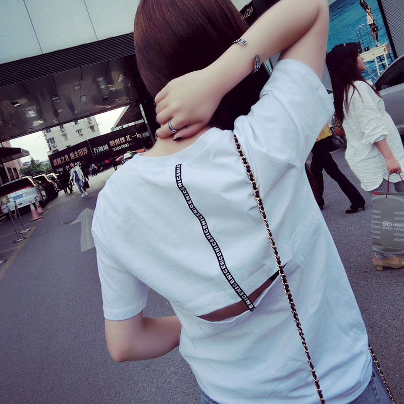 2015韩版学院风短袖女夏宽松破洞半袖体恤 个性学生圆领t恤女潮