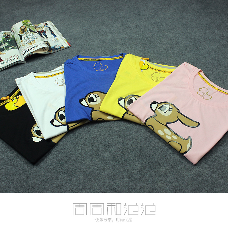 韩国牌子！2015夏季新品首发 女士全棉小鹿动物卡通印花T恤衫
