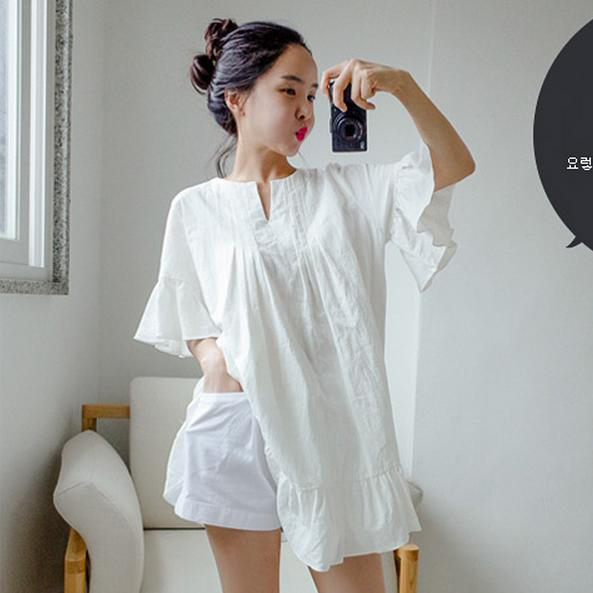 韩国代购正品女装2015夏新款甜美荷叶喇叭袖宽松大码亚麻棉连衣裙