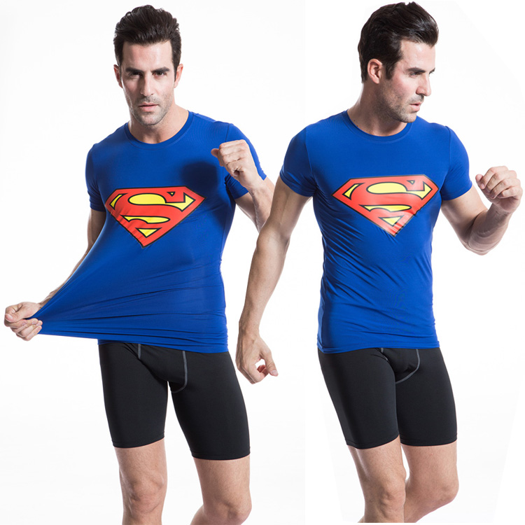 PRO超人t恤紧身衣男美国队长蜘蛛蝙蝠运动短袖骑行速干篮球健身衣