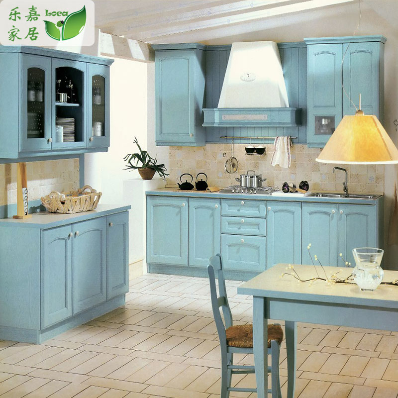 实木橱柜整体厨房定做欧式蓝色地中海风格红橡木柜特价厨柜门定制