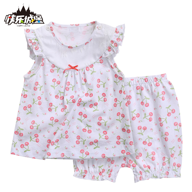 新款快乐城堡婴儿衣服 深粉樱桃纯棉短袖婴儿套装 儿童内衣背心女