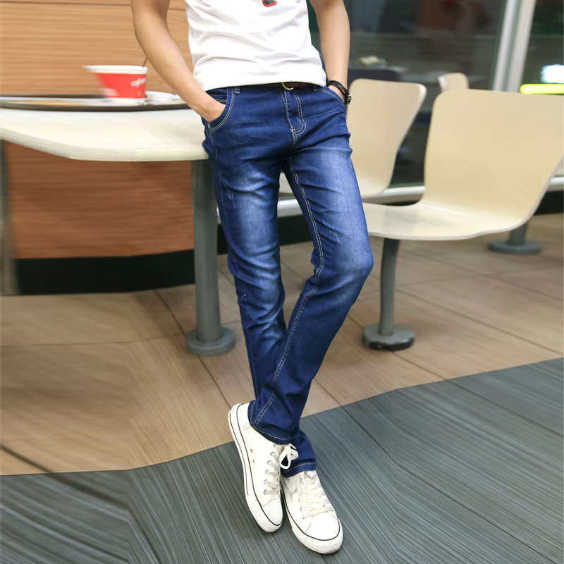 2015新款韩版修身蓝色牛仔长裤 男装铅笔小脚裤 青春时尚条纹裤