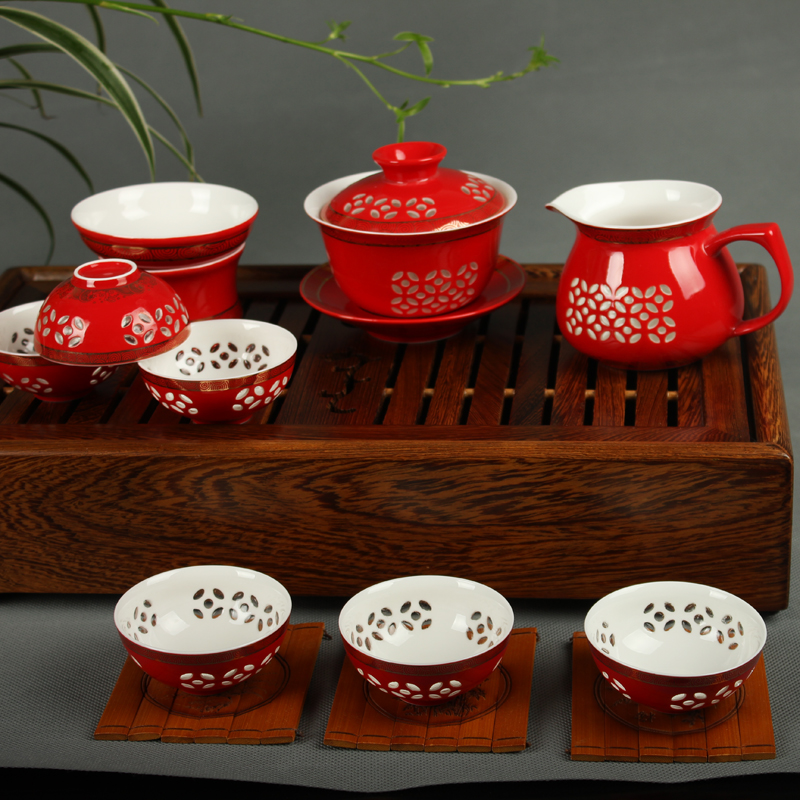 茶具套装 中国红瓷婚庆茶具 镂空透明玲珑茶杯茶海帝王黄薄胎功夫