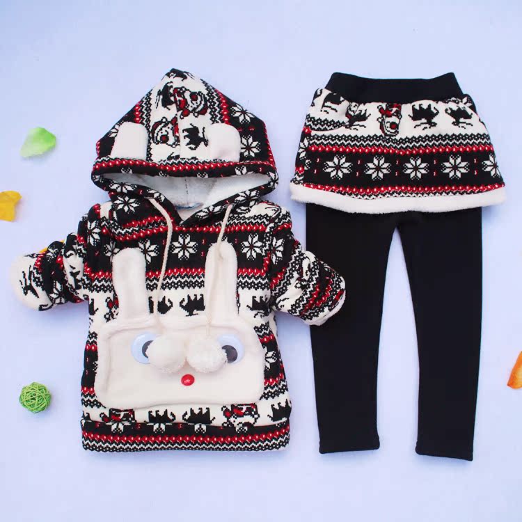 秋冬新款童装 儿童可爱圣诞小熊女孩加厚连帽外套羊羔绒卫衣套装