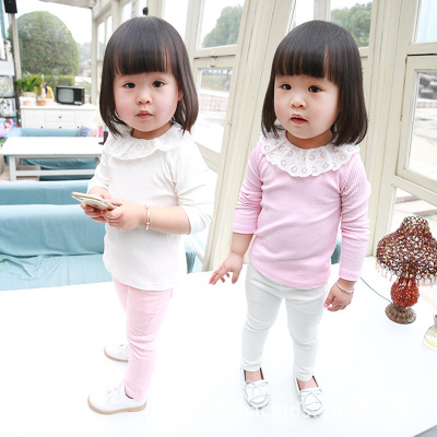 长袖纯棉T恤女童韩版蕾丝花边圆领打底衫1-2-3-4岁