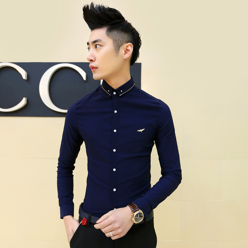 2015秋装新品 韩版潮男装时尚领口金边装饰长袖衬衫