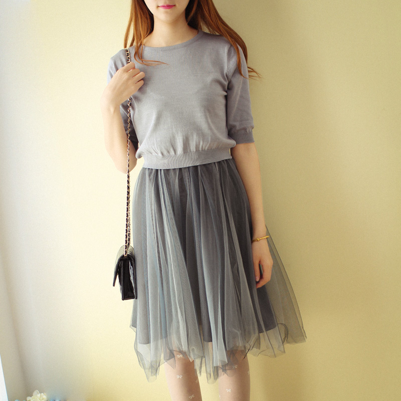 2015春夏装韩版复古气质两件套中裙针织网纱蓬蓬短袖修身连衣裙
