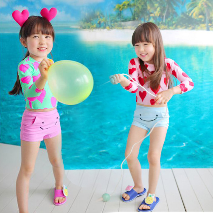 韩版长袖新款温泉游泳衣 时尚甜美可爱儿童 爱心卫生沙滩防晒服