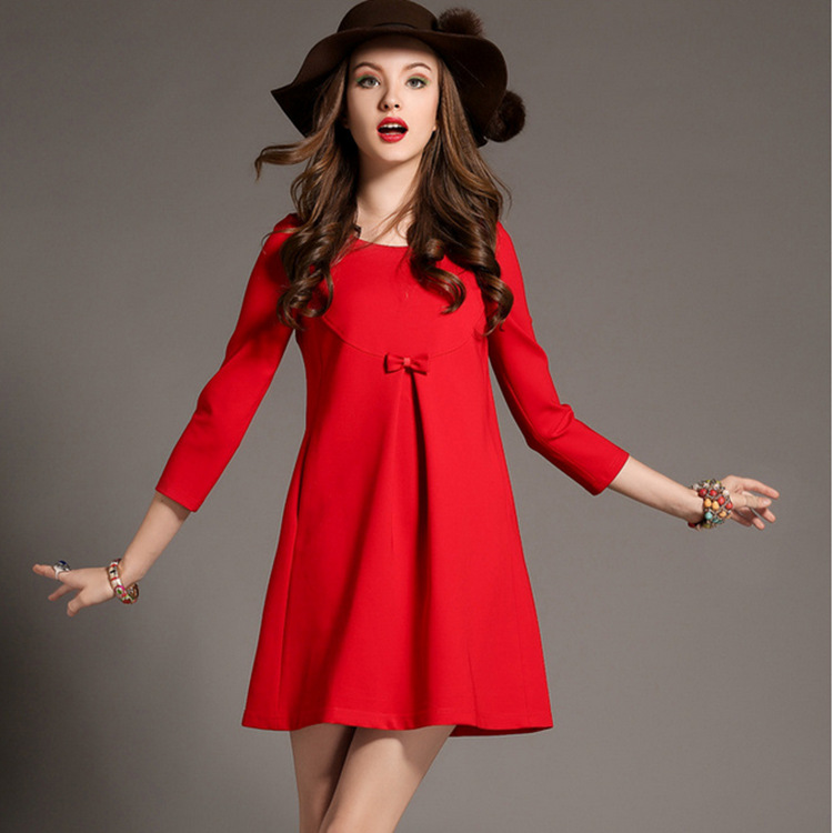 2015欧美女装秋季新款气质大红色蕾丝拼接短裙连衣裙8813#