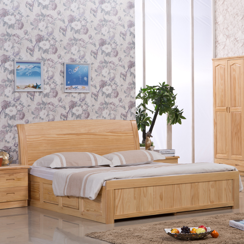 实木床 1.5 1.8米双人床 简约松木卧室家具 宜家带抽储物高箱床