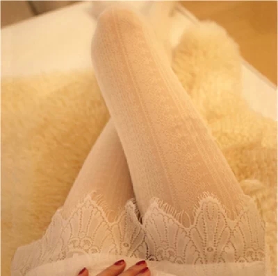 日系洛丽塔唯美竖条复古镂空显瘦蕾丝袜 连裤袜 白色丝袜子