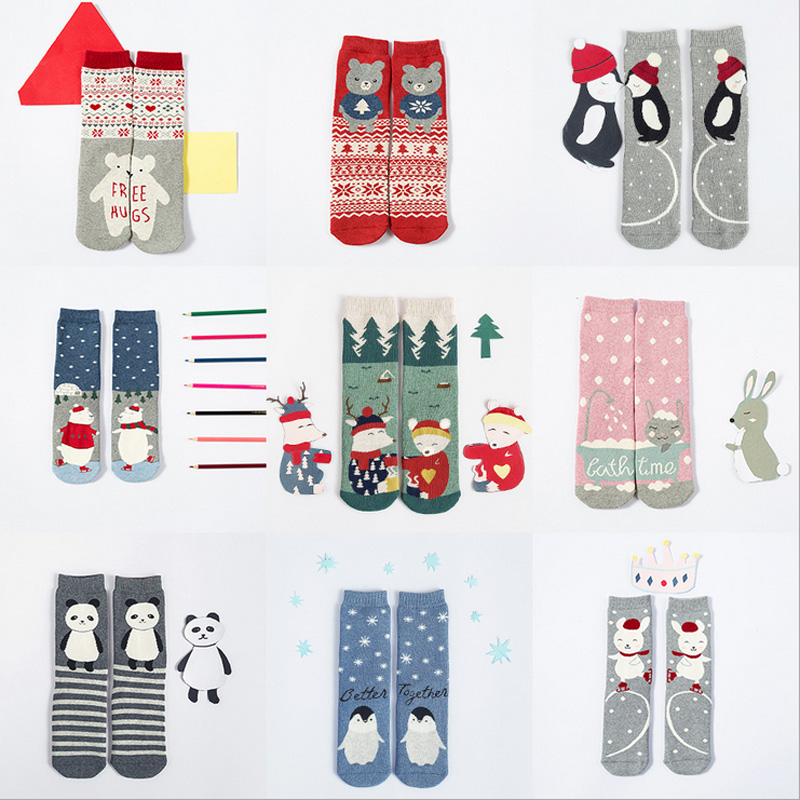 圣诞袜创意有机棉可爱卡通纯棉加厚毛圈袜子拉毛袜女士中筒全棉袜