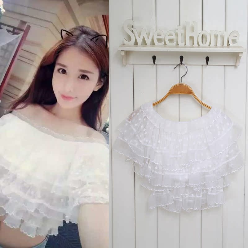 2015夏季新款韩国女装 网纱刺绣露肩蛋糕蕾丝上衣H059