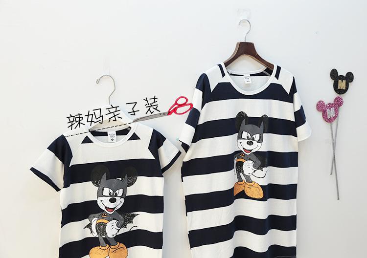2015春夏新款韩国独家订制进口T恤纯棉条纹米奇亲子装母女母子装