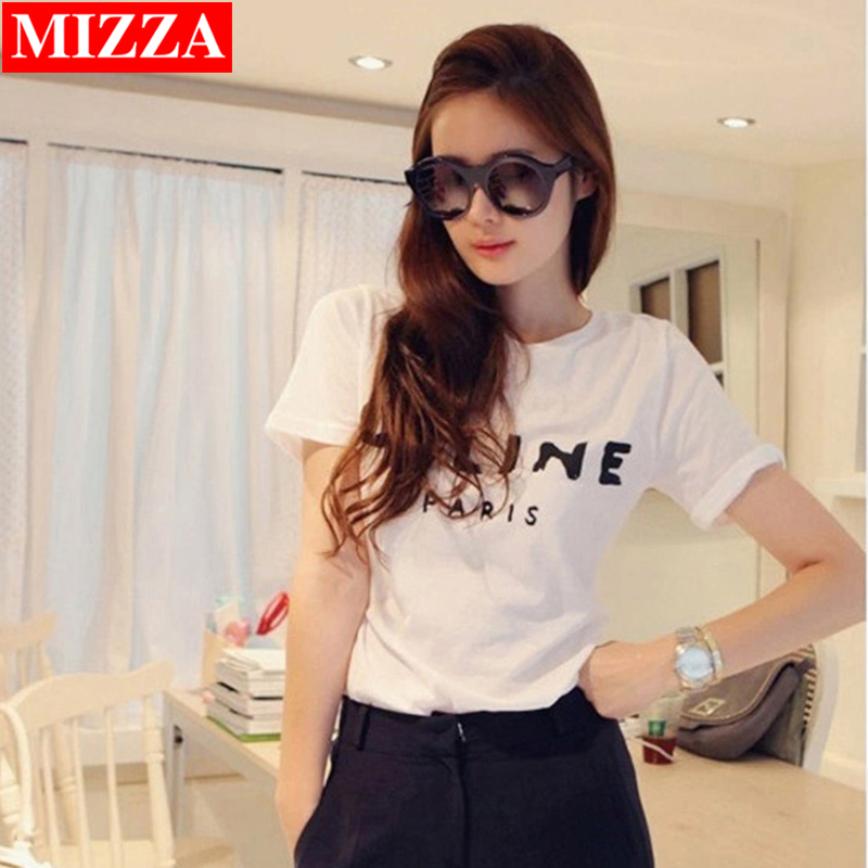 MIZZA韩版T恤女短袖潮全棉2015新款大码白色印花字母显瘦打底衫