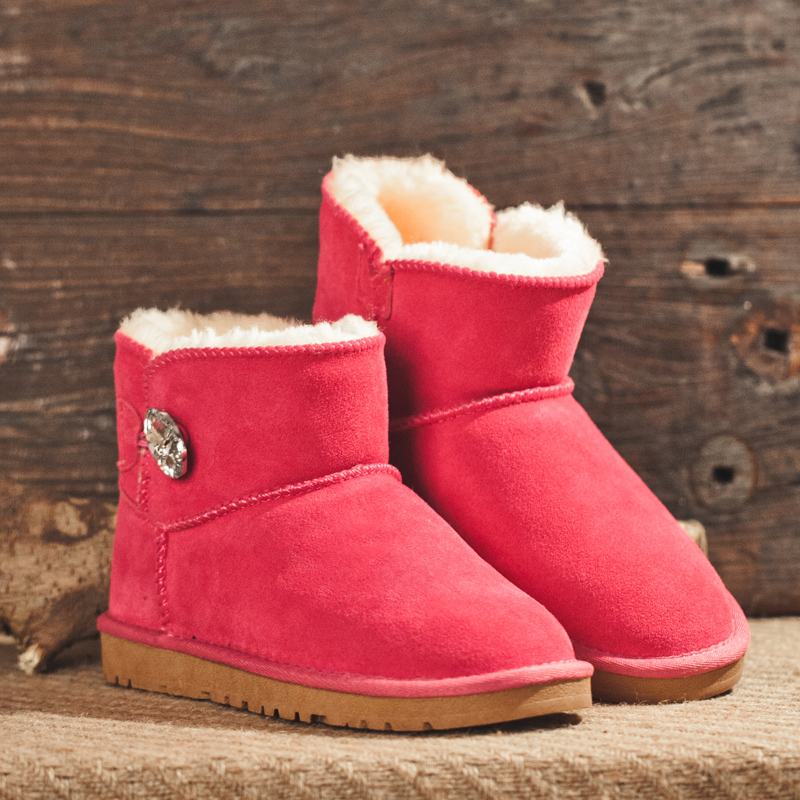 MCAS 韩版甜美雪地靴牛皮钮扣棉鞋加厚平底防水冬季短靴女