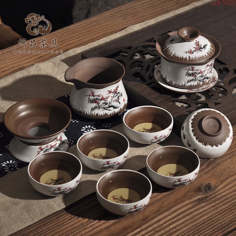 创意粗陶个性紫砂青花瓷茶具系列 梅花盖碗陶瓷套装陶器