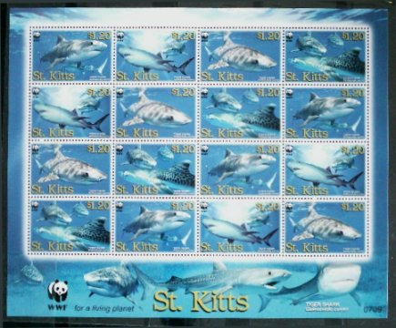 S9554圣基茨2006WWF熊猫徽海洋动物鲨鱼-虎鲨9票Ms