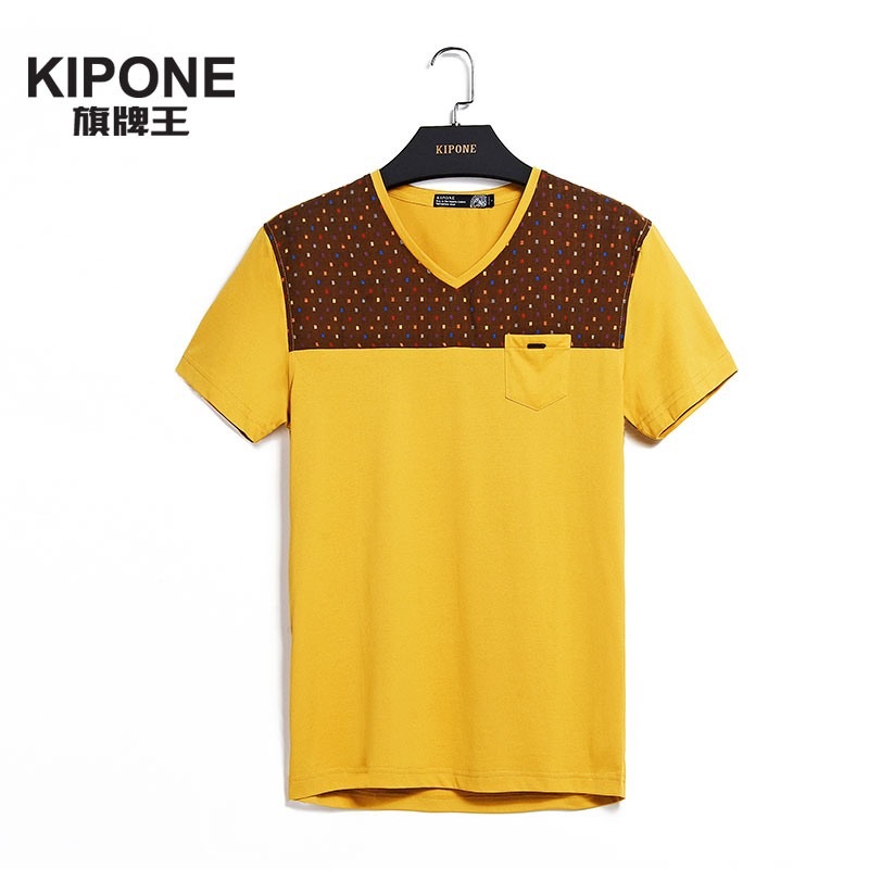 旗牌王KIPONE 短袖T恤男2015夏季v领修身波点拼接轻薄透气潮男