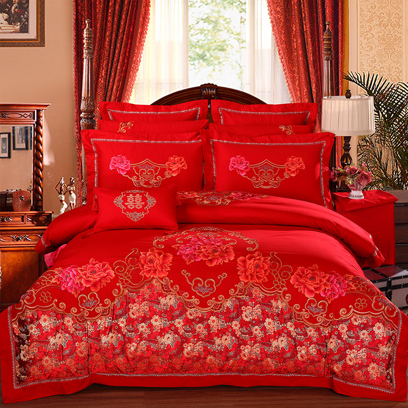 婚庆四件套结婚六件套大红纯棉刺绣八十多件套床上用品1.8m2.0m