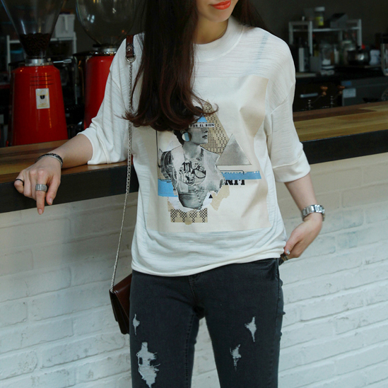 【冷落】2015韩国 印花扣子5分袖T恤 T504205 *
