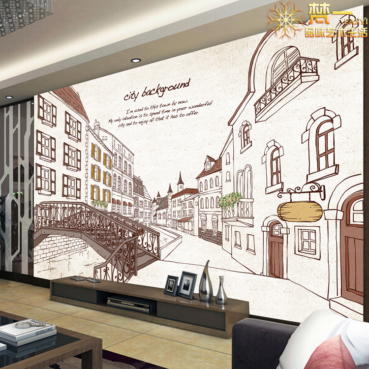 大型壁画主题卡通墙纸 3d咖啡厅餐馆壁纸背景墙商店城市手绘街景