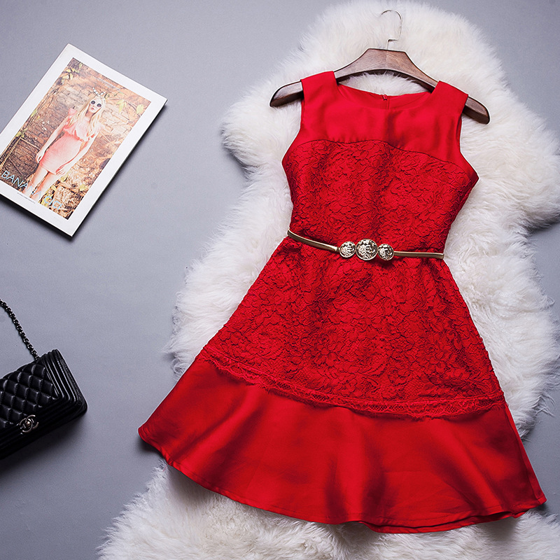 欧洲站2015夏新款红色连衣裙女装荷叶边短裙新婚回门修身气质礼服