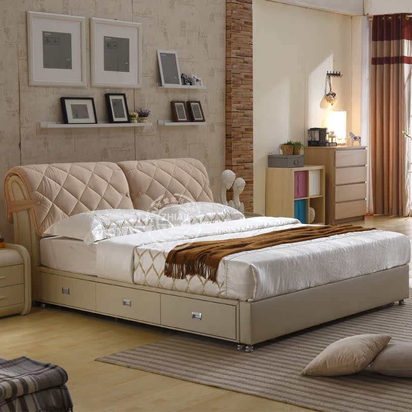 简约现代皮床双人床1.8米 软床小户型高箱储物床抽屉皮配布床18#