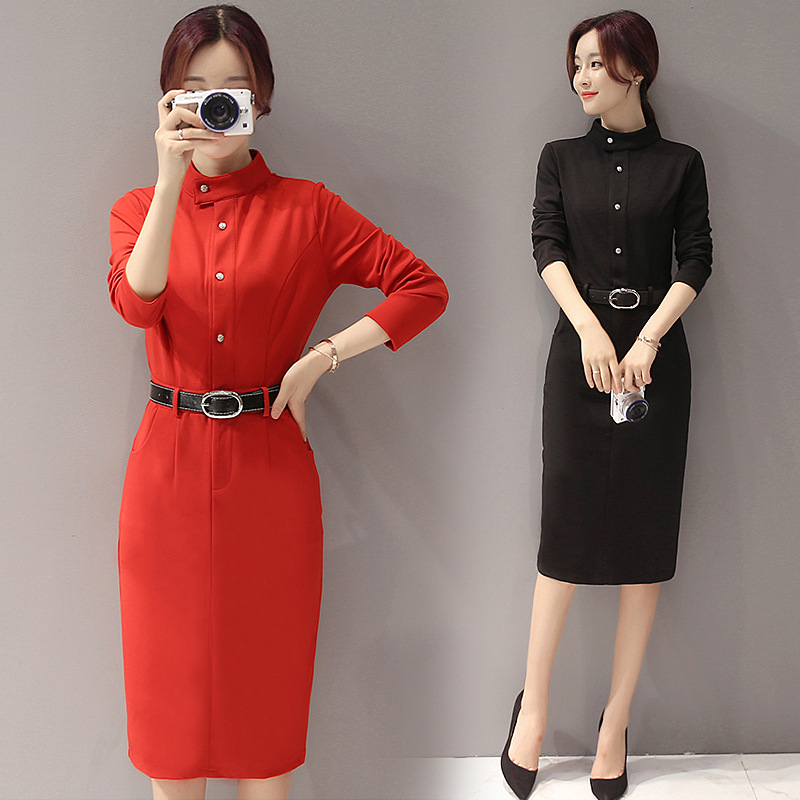 韩版收腰连衣裙中长裙显瘦长袖气质红色女装包臀春秋季打底裙新品