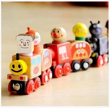 面包超人木制磁性拖拉小火车 儿童趣味木偶玩具 可搭配轨道积木
