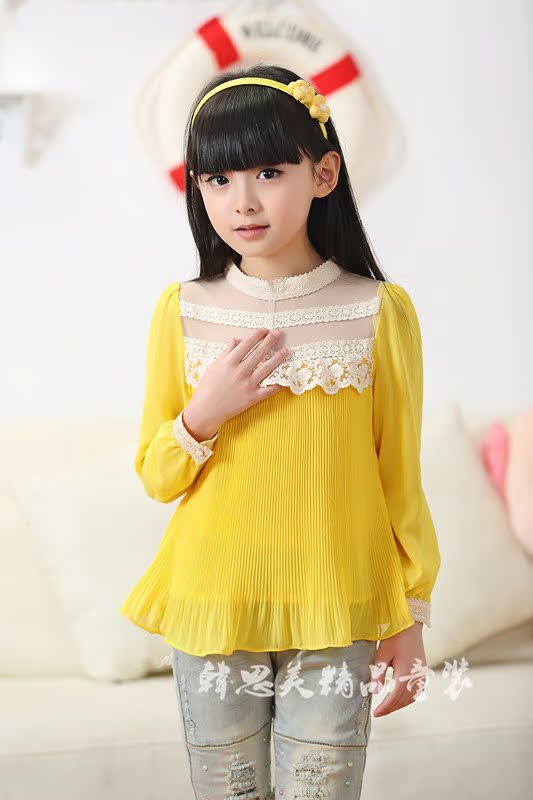 2014新款童装春装衬衣中大童蕾丝上衣儿童长袖雪纺衫韩版女童衬衫