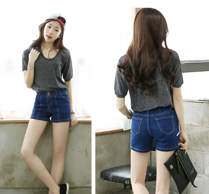 2015夏季新款女装 韩国流行双排扣显瘦高腰弹力短裤女 牛仔裤热裤