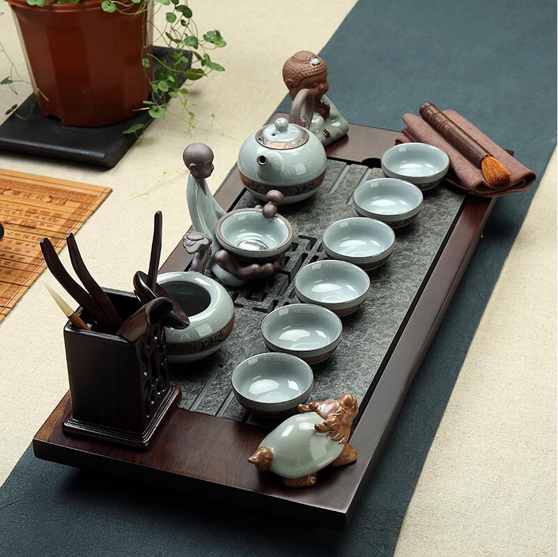 盛益德 陶瓷茶具套装特价 整块黑檀木 实木茶盘 黑金石 石头茶海