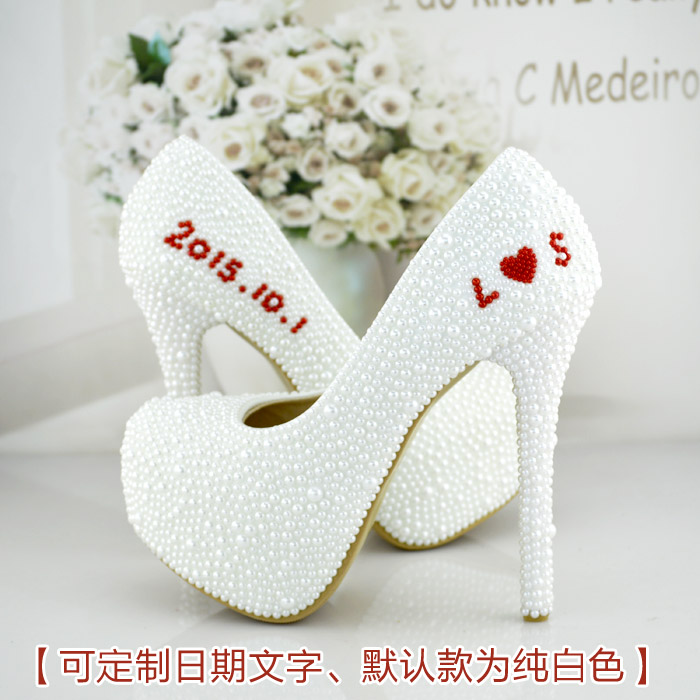 唯美手工珍珠婚鞋新款白色高跟新娘结婚鞋拍婚纱照成人礼聚会鞋子
