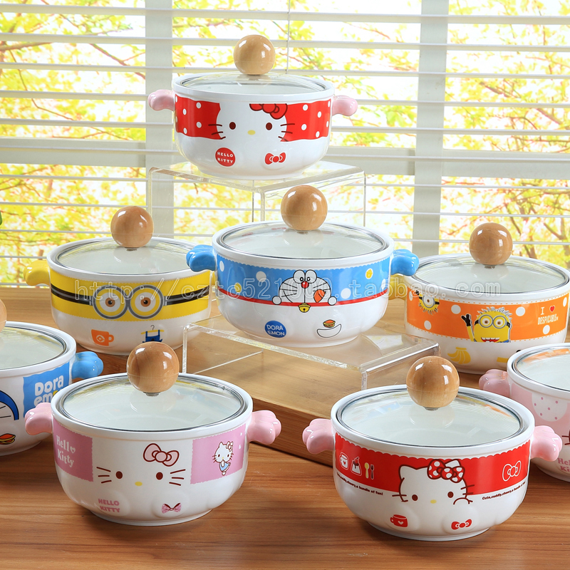 韩式卡通陶瓷泡面碗餐具创意可爱双手柄泡面杯汤碗套装大号带盖勺