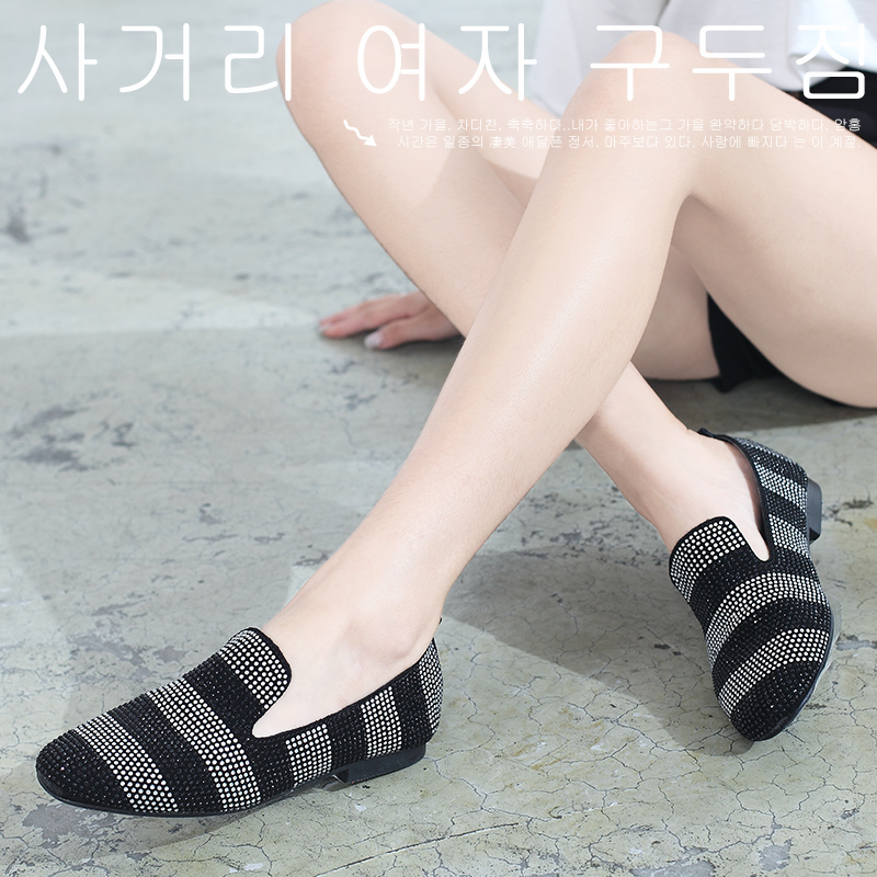 新品2015秋季新品韩版真皮带钻女鞋潮时尚平跟低跟套脚休闲单鞋女