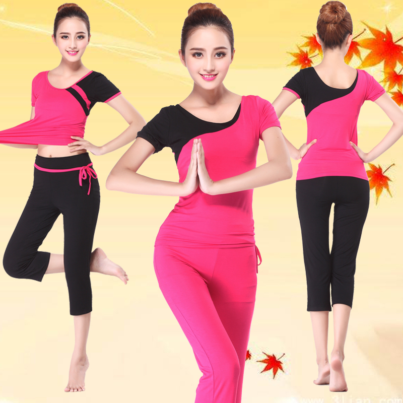 2015春夏新款短袖瑜伽服套装女夏七分裤健身跳操服舞蹈运动愈加服