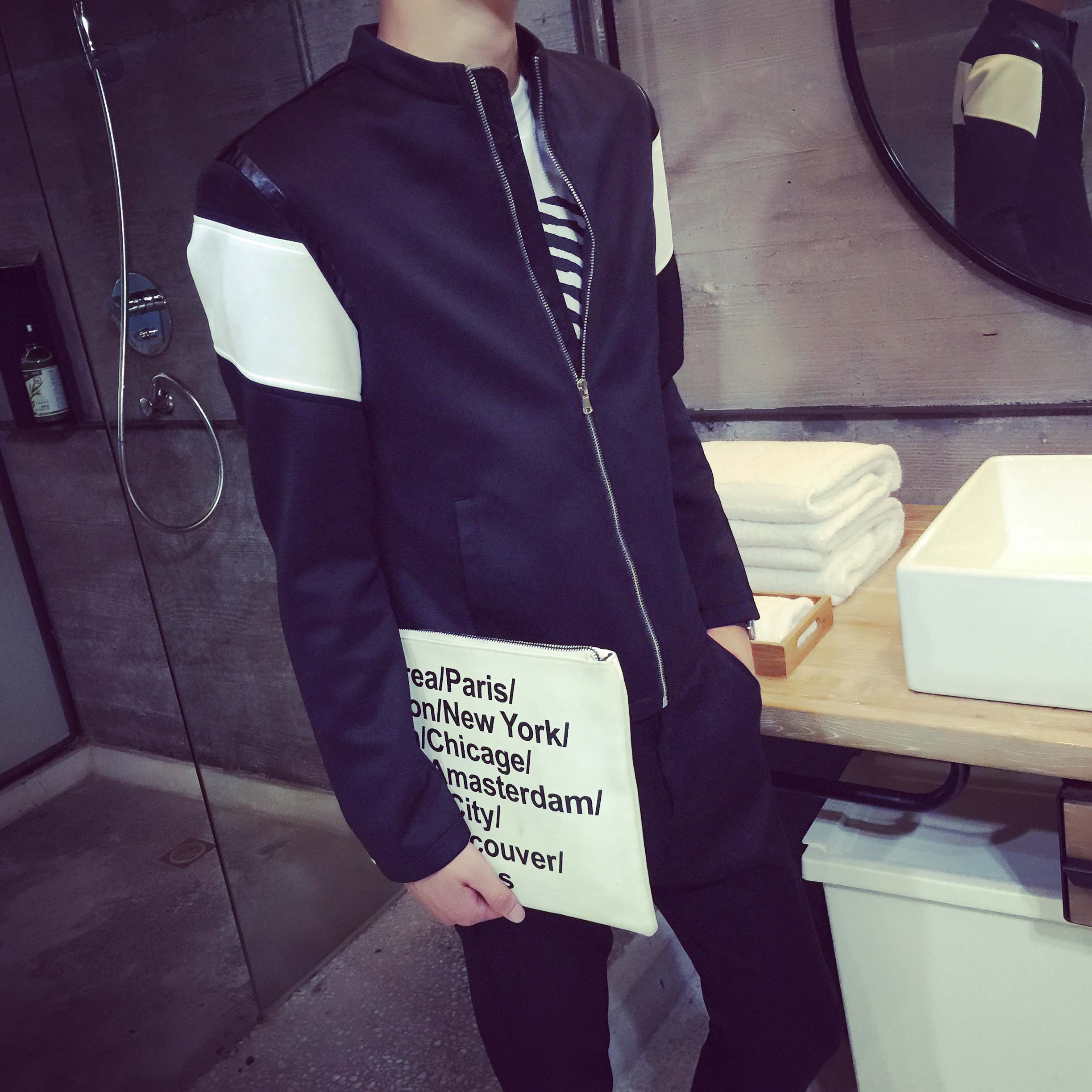 2015新款男士秋季夹克太空棉棒球领夹克薄款韩版外套夹克男黑白色